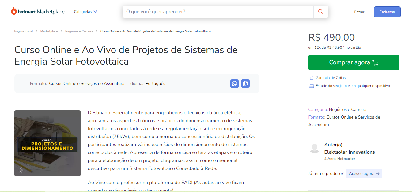 Curso para realizar projetos de energia solar	